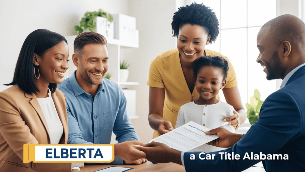 A happy family getting a car title loan in Elberta,AL.