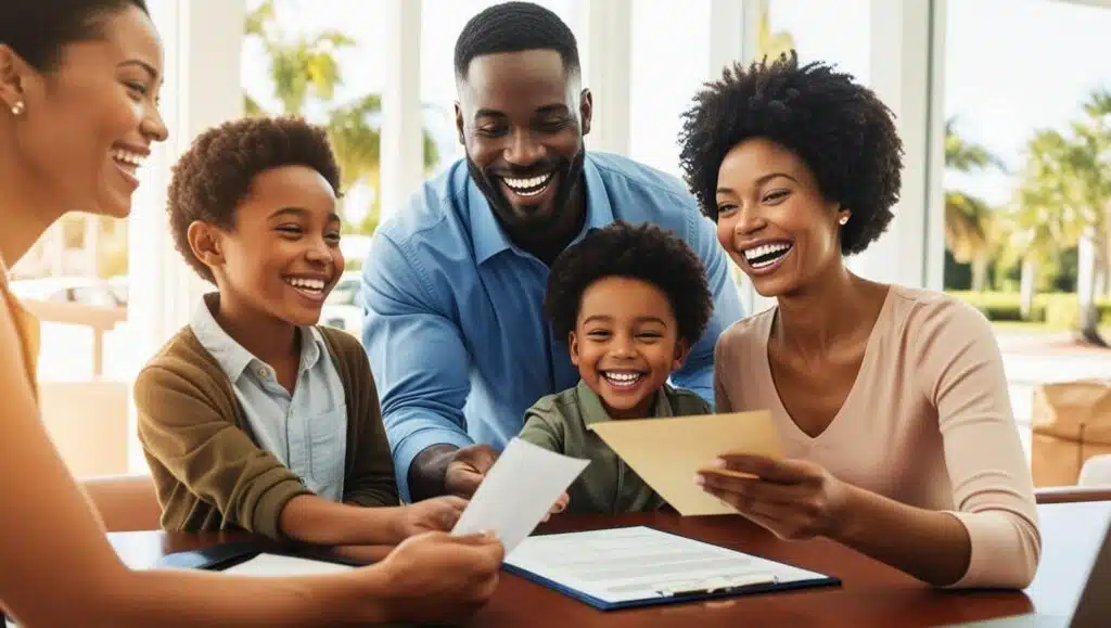 A happy family taking a car title loan in Milton FL.