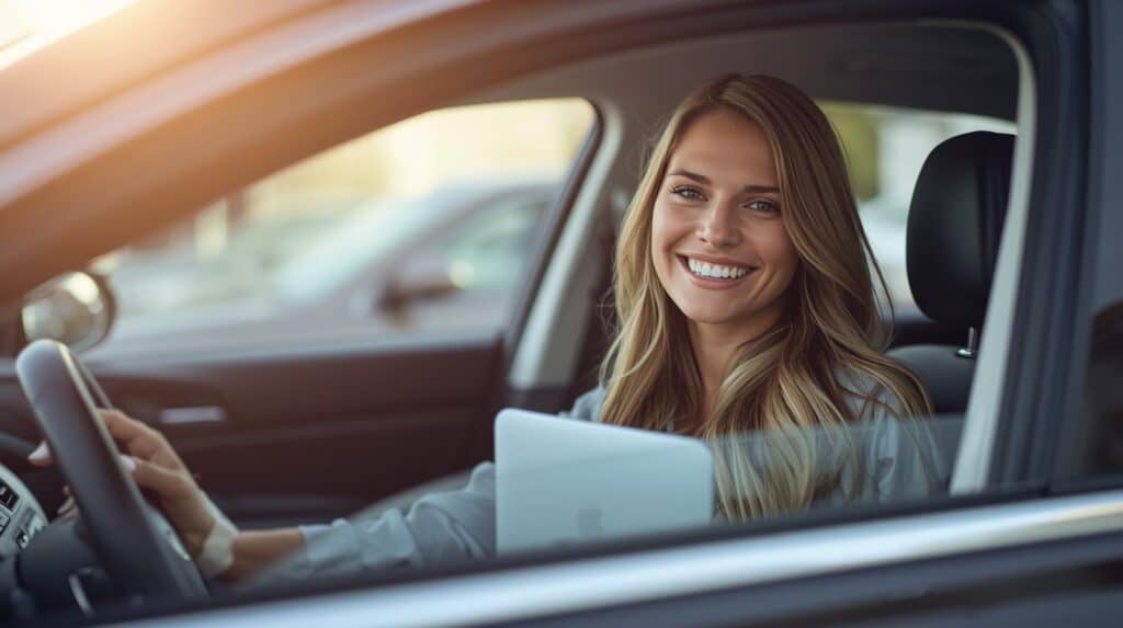 A happy woman getting her car title loan in Cantonment Florida.